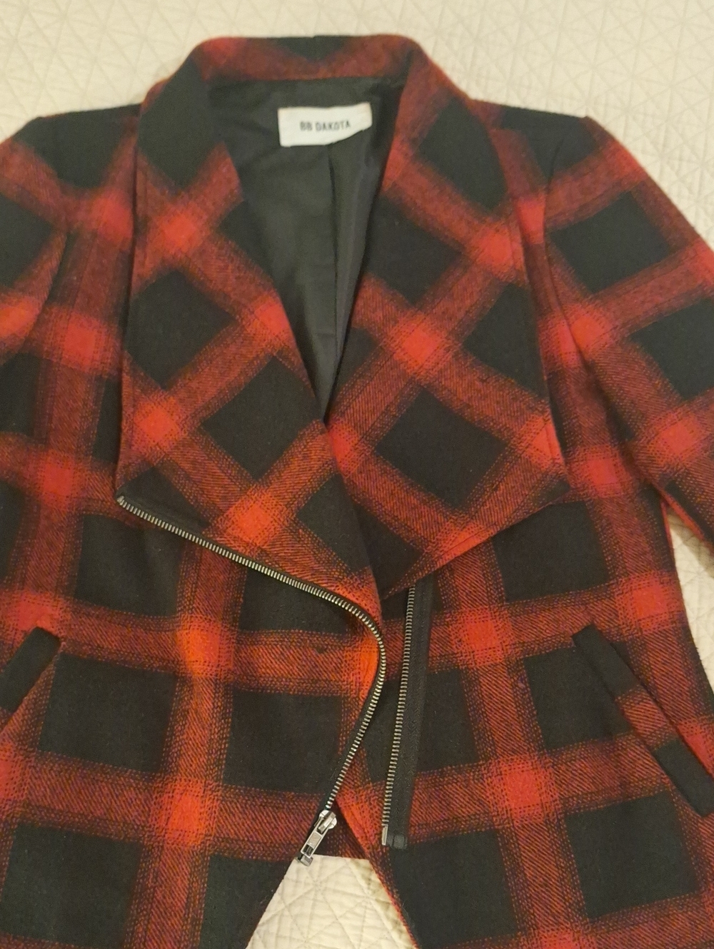 BB Dakota Red and Black Plaid Asymmetrical Zip Motto jacket wool blend